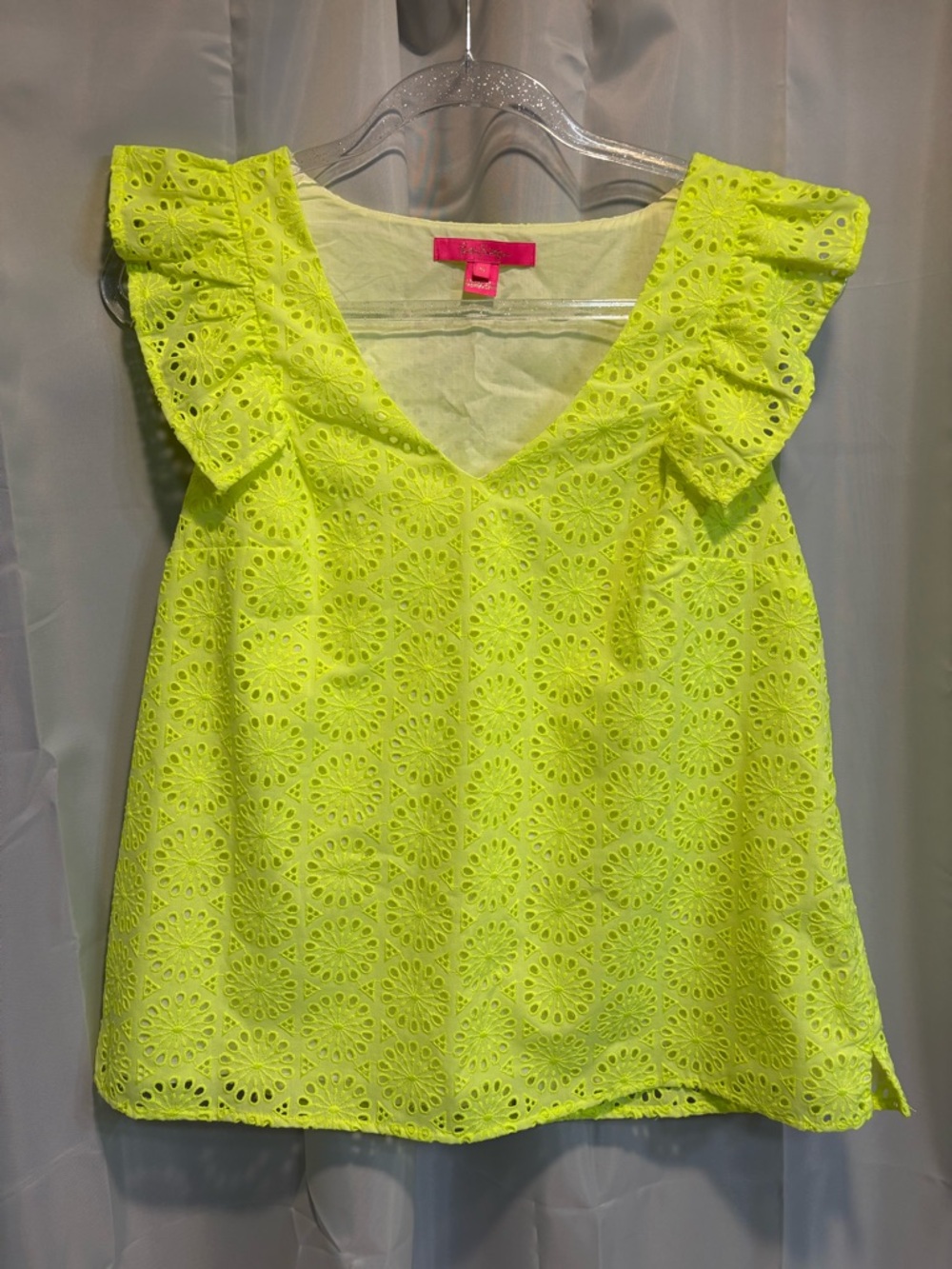 Lilly Pulitzer Neon Yellow Eyelet V-Neck Flutter Sleeve Top